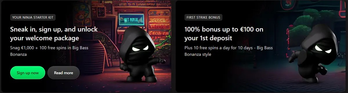 Dark casino promo banners for “Bet Ninja” featuring a hooded ninja mascot, advertising a welcome package and “100% bonus up to €100 on your 1st deposit,” with sign-up and read more buttons.