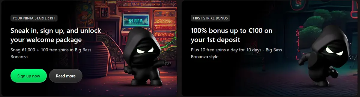 Dark casino promo banners for “Bet Ninja” featuring a hooded ninja mascot, advertising a welcome package and “100% bonus up to €100 on your 1st deposit,” with sign-up and read more buttons.